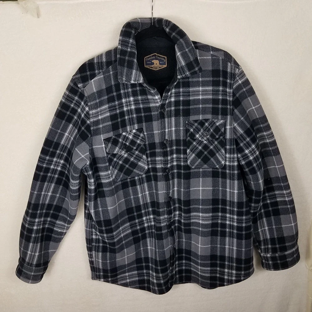 Freedom Foundry Plaid Shirt Jacket Mens XL Gray Black Excellent Sherpa Lined